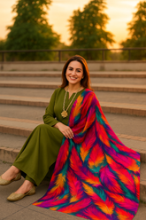 A woman sitting on a bench wearing a green dress and a multicolored silk dupatta with a feather print.